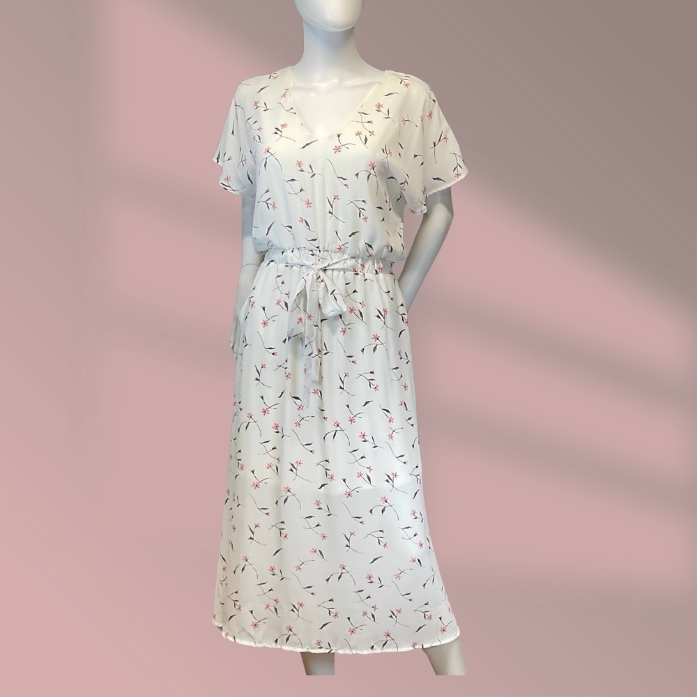 Sienna Sky White & Pink Floral Midi Dress Sz S Front Tie Elastic Waist Lined